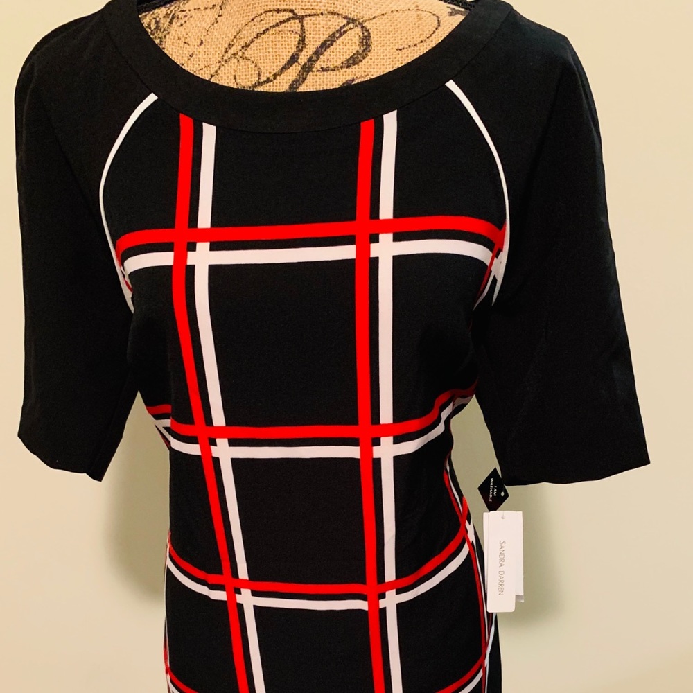 Holiday red, black and white dress.